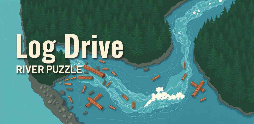 Log Drive: River Puzzle, logs floating down a winding river through a pine forest