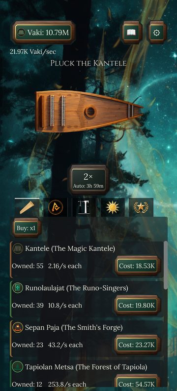 Main screen with the kantele and the list of generators